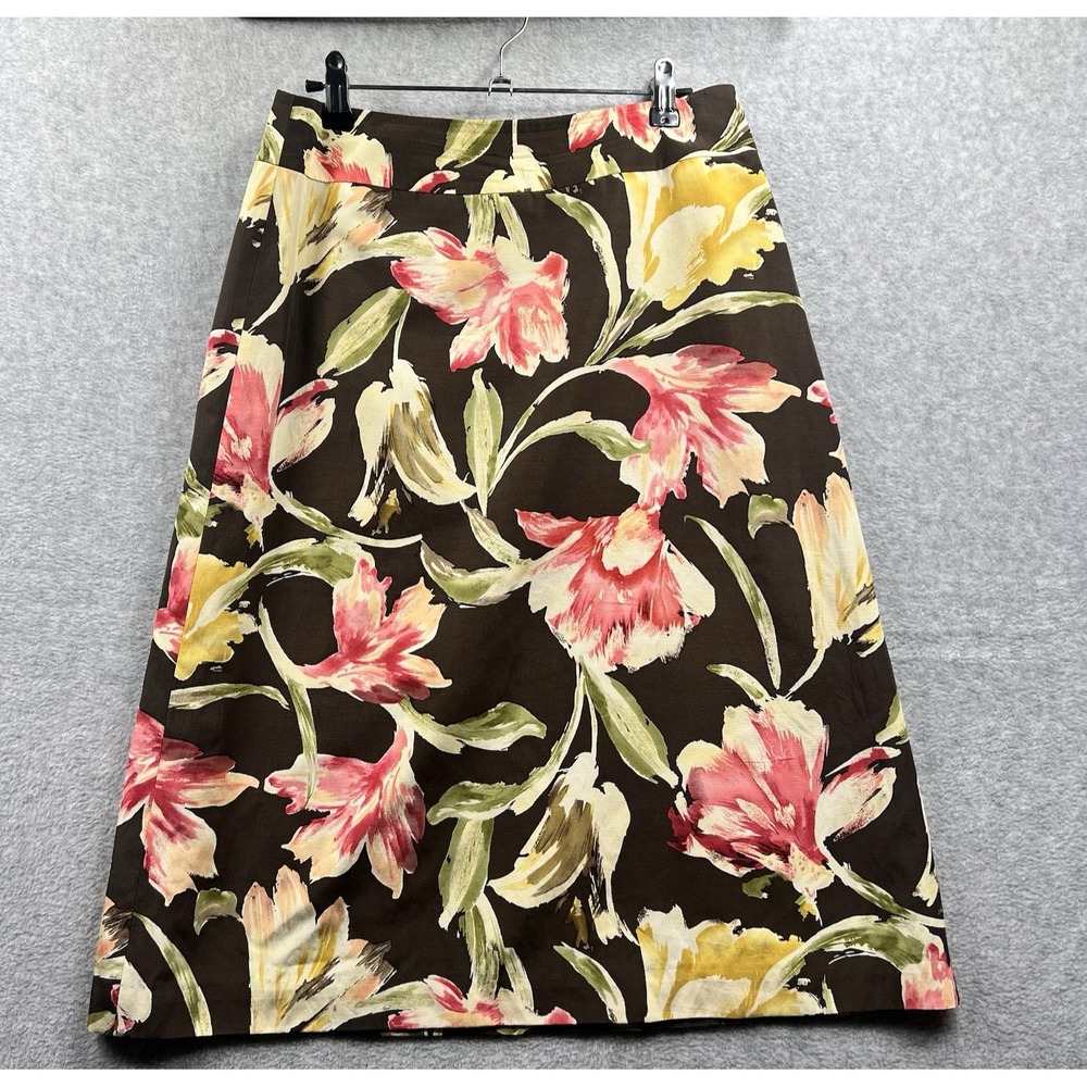 Talbots Vintage SZ 6 Brown Floral A line Skirt Silk Cotton Blend Vacation Resort